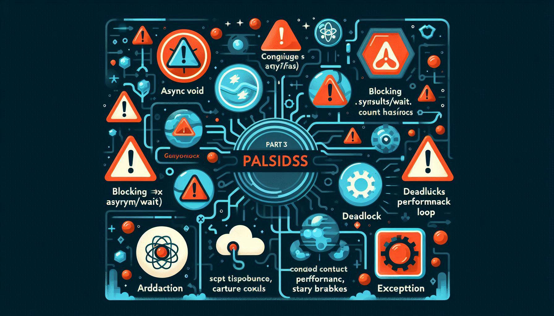 Async pitfalls in CSharp: avoiding async void, blocking waits, deadlocks, context capture issues, and robust exception handling patterns.