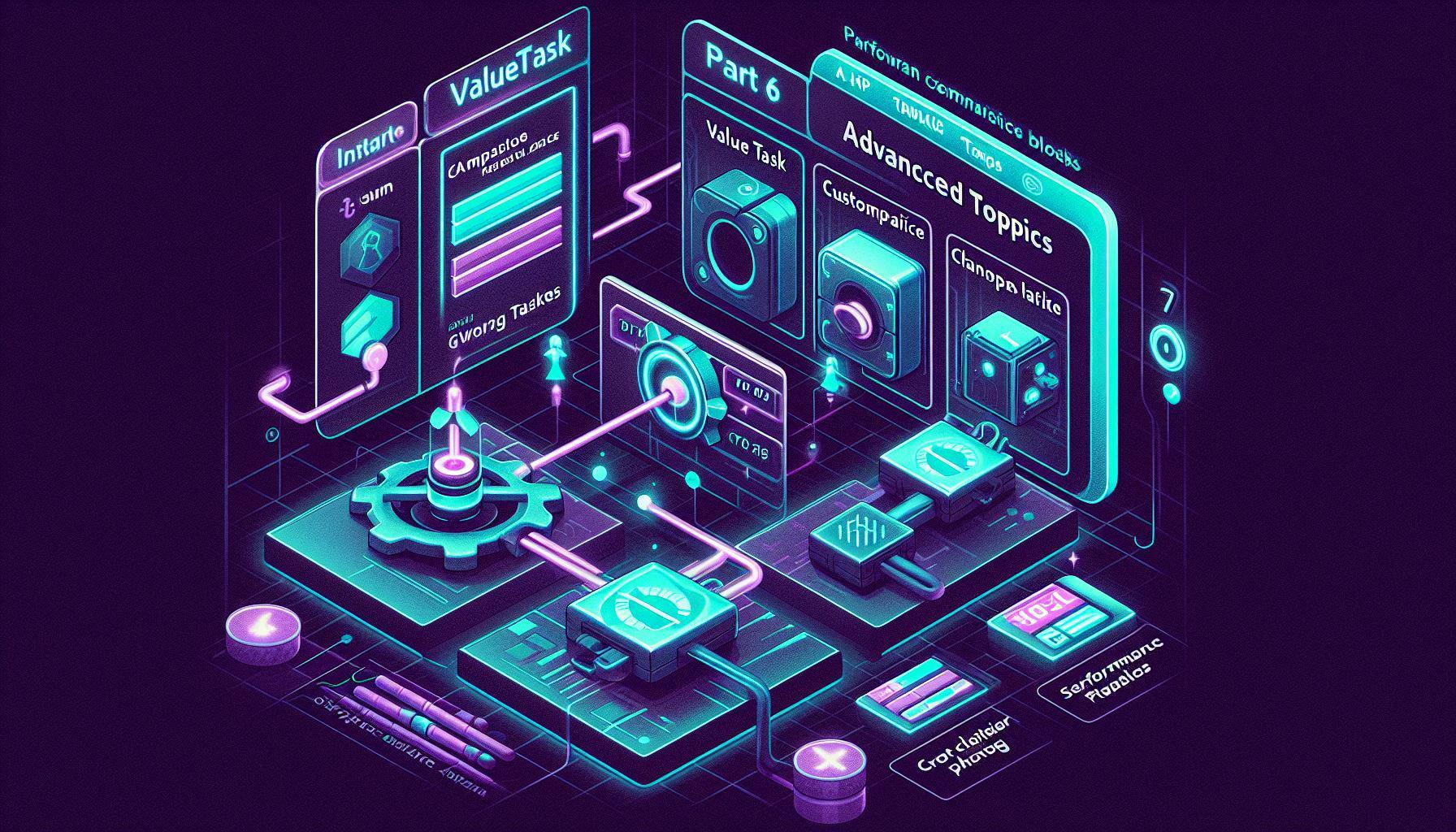 Advanced async topics: ValueTask trade-offs, custom awaiters, concurrency control with SemaphoreSlim, channels pipelines, and tuning performance.